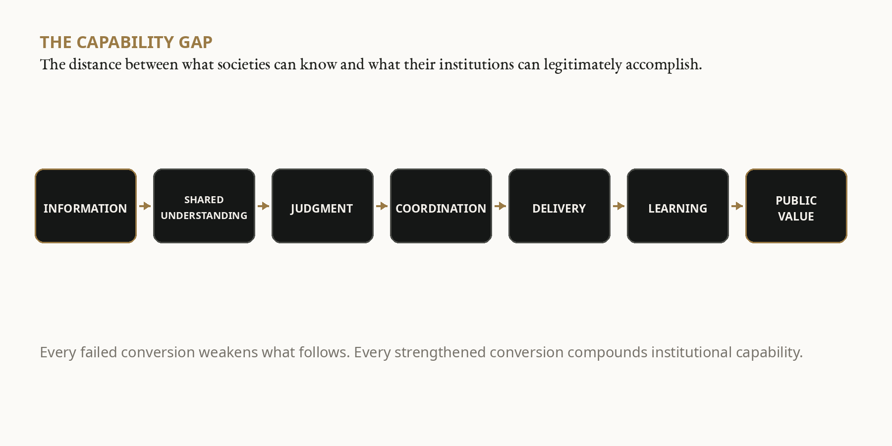 Diagram showing the capability gap between information, institutions, judgment, coordination, delivery, learning, and public value